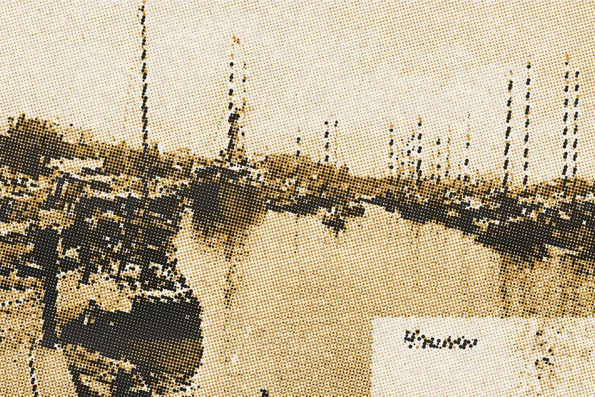 Illustration: Tientsin ca 1900, from a period photograph (1900), redrawn as a ochre riso plate.