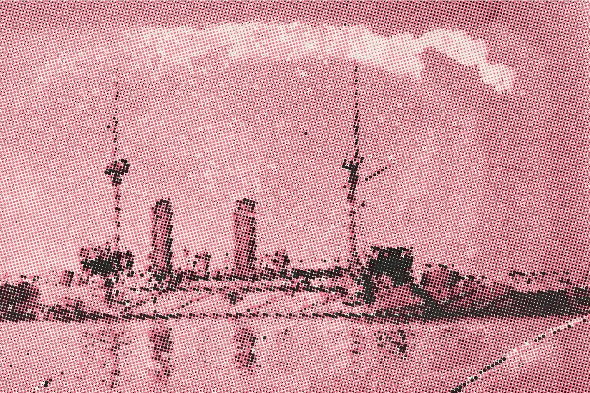 Illustration: TOKIWA, Japan LCCN2014700672, from a period photograph (1910), redrawn as a coral riso plate.