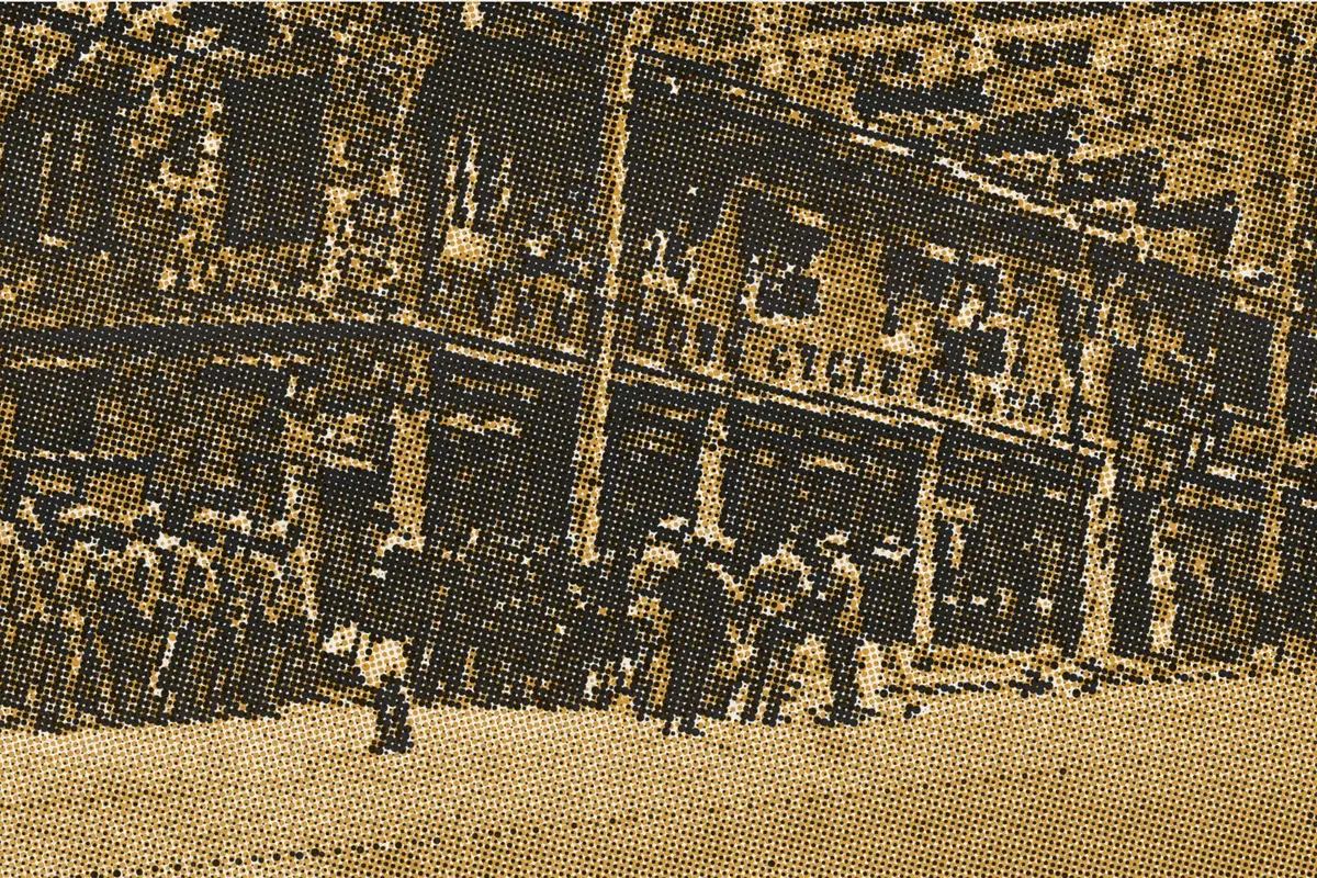 Illustration: Troubles à Shangaï après une échauffourée dans Nanking (i.e. Nankin) Road (CNews) - btv1b531508934, from a period photograph (1925), redrawn as a ochre riso plate.