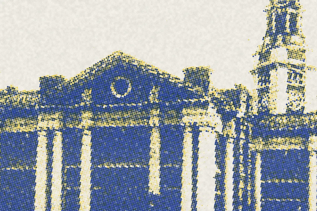 Illustration: TST Station, Hong Kong, at 1921, from a period photograph (1921), redrawn as a yellow riso plate.