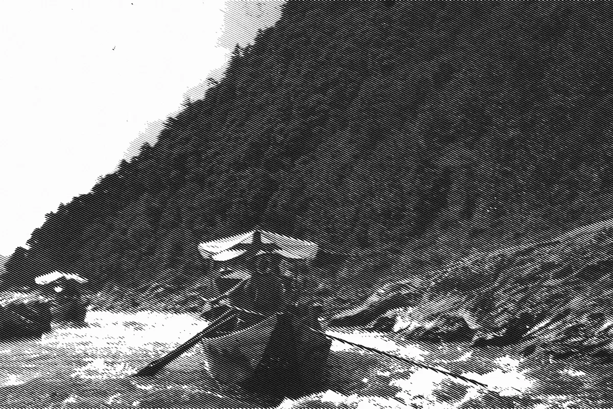 Illustration: Two boats with cloth canopies being rowed along river; wooded mountain on one side; rushing water in foreground., from a period photograph (1915), redrawn as an engraving.