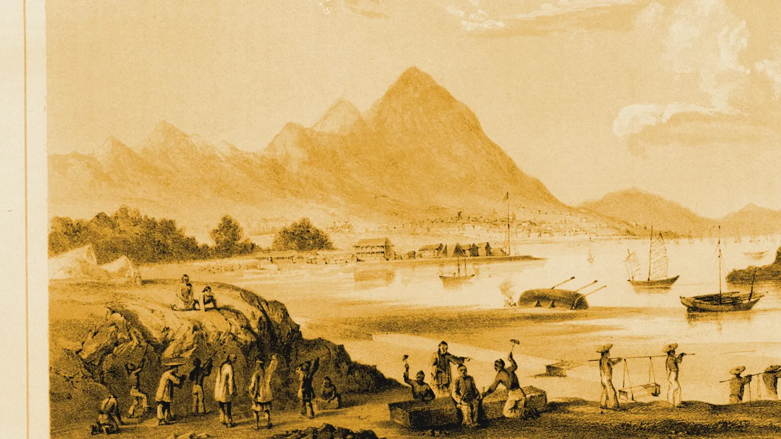 Illustration: View of Hong-Kong From East Point, from a nineteenth-century photograph (1856), redrawn as a ochre blue pencil duotone.