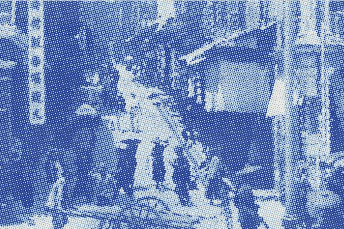 Illustration: William Henry Jackson, Street scene, Peking, 1895, from a nineteenth-century photograph (1895), redrawn as a sky blue riso plate.