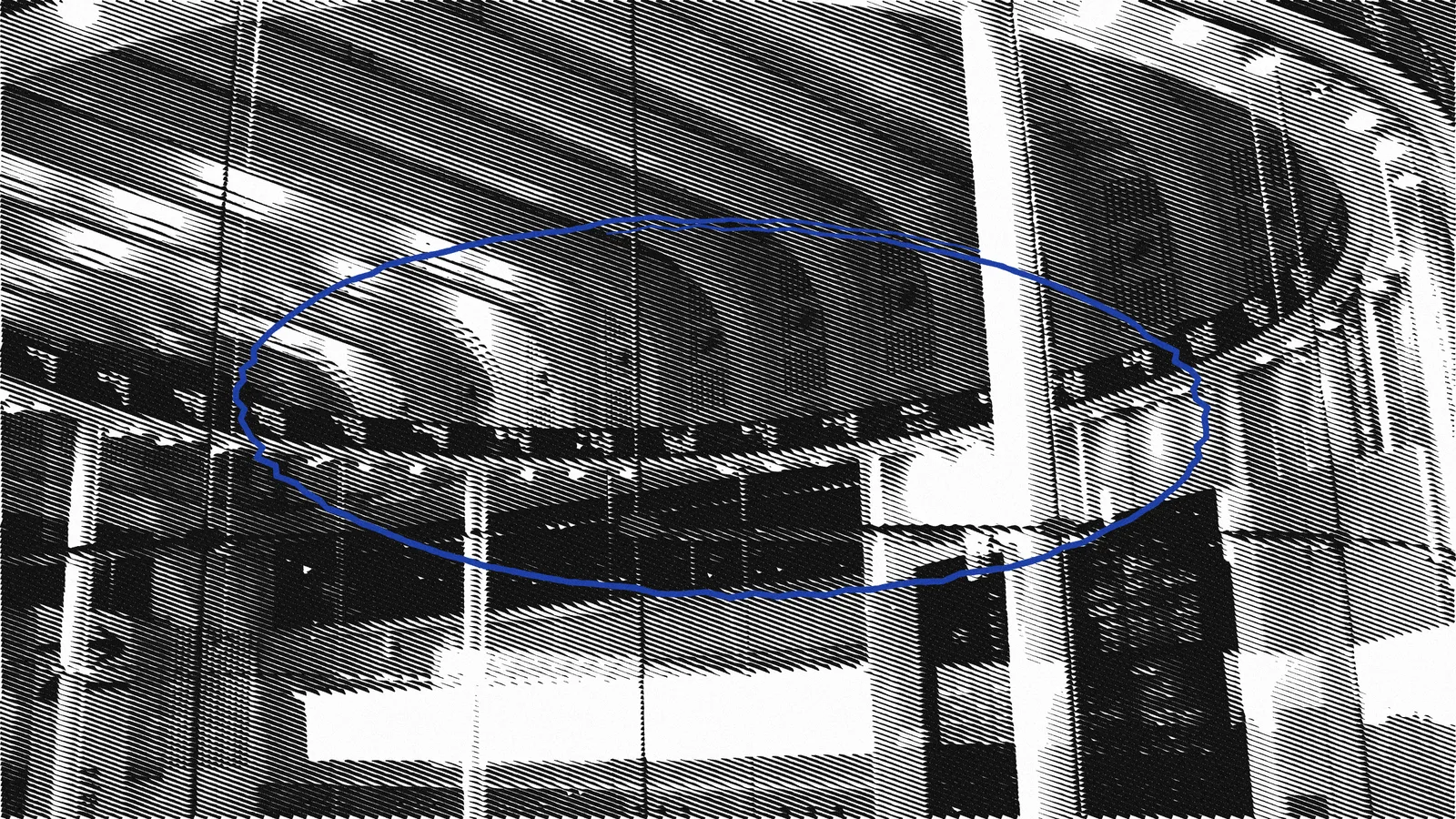 Illustration: the circular market centre of the Tokyo Stock Exchange drawn as a line engraving, its ring circled in blue pencil.