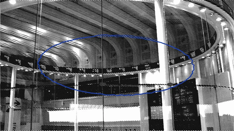 Illustration: the circular market centre of the Tokyo Stock Exchange drawn as a line engraving, its ring circled in blue pencil.
