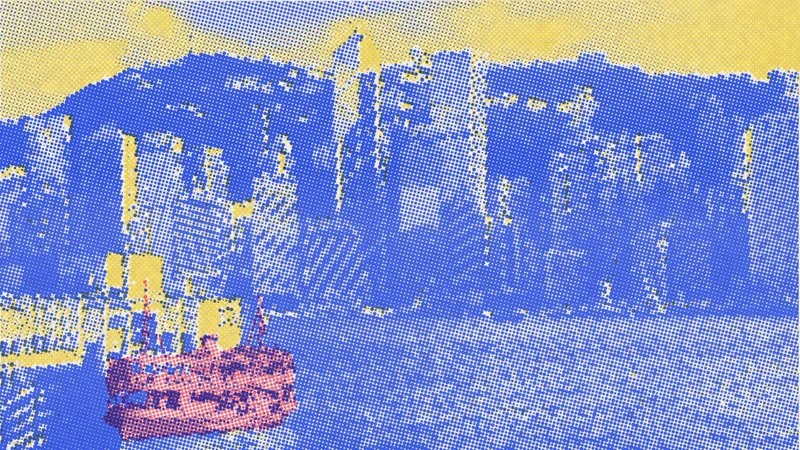 Photo illustration: Victoria Harbour and a Star Ferry printed as a two-colour risograph in blue and pink.