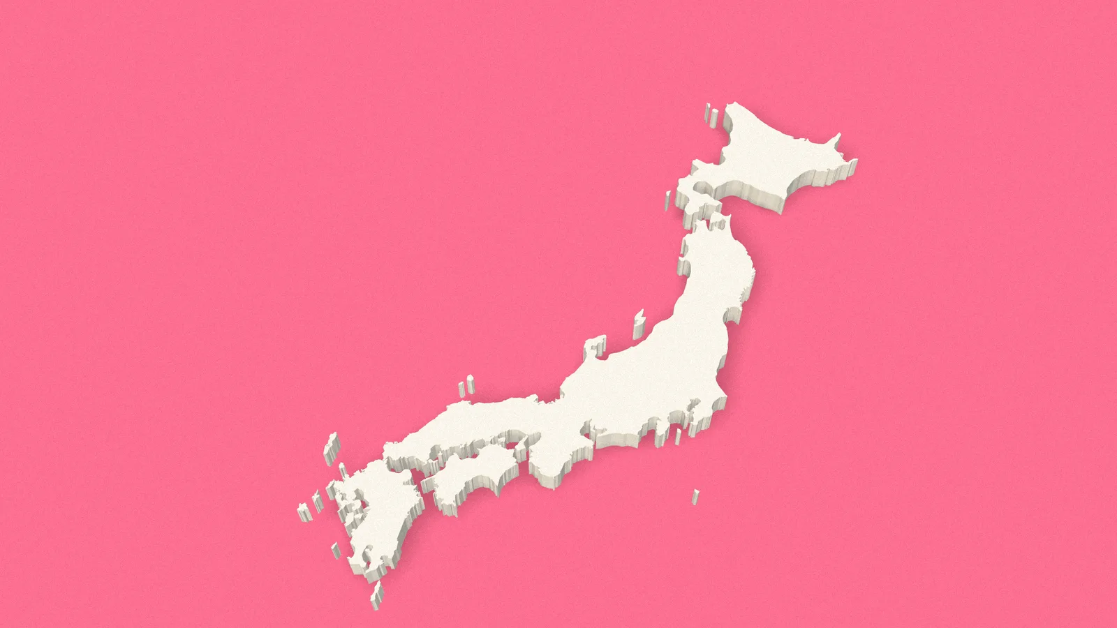 Illustration: Japan's four main islands, Hokkaido, Honshu, Shikoku and Kyushu, modelled as a white relief on a coral-pink field.
