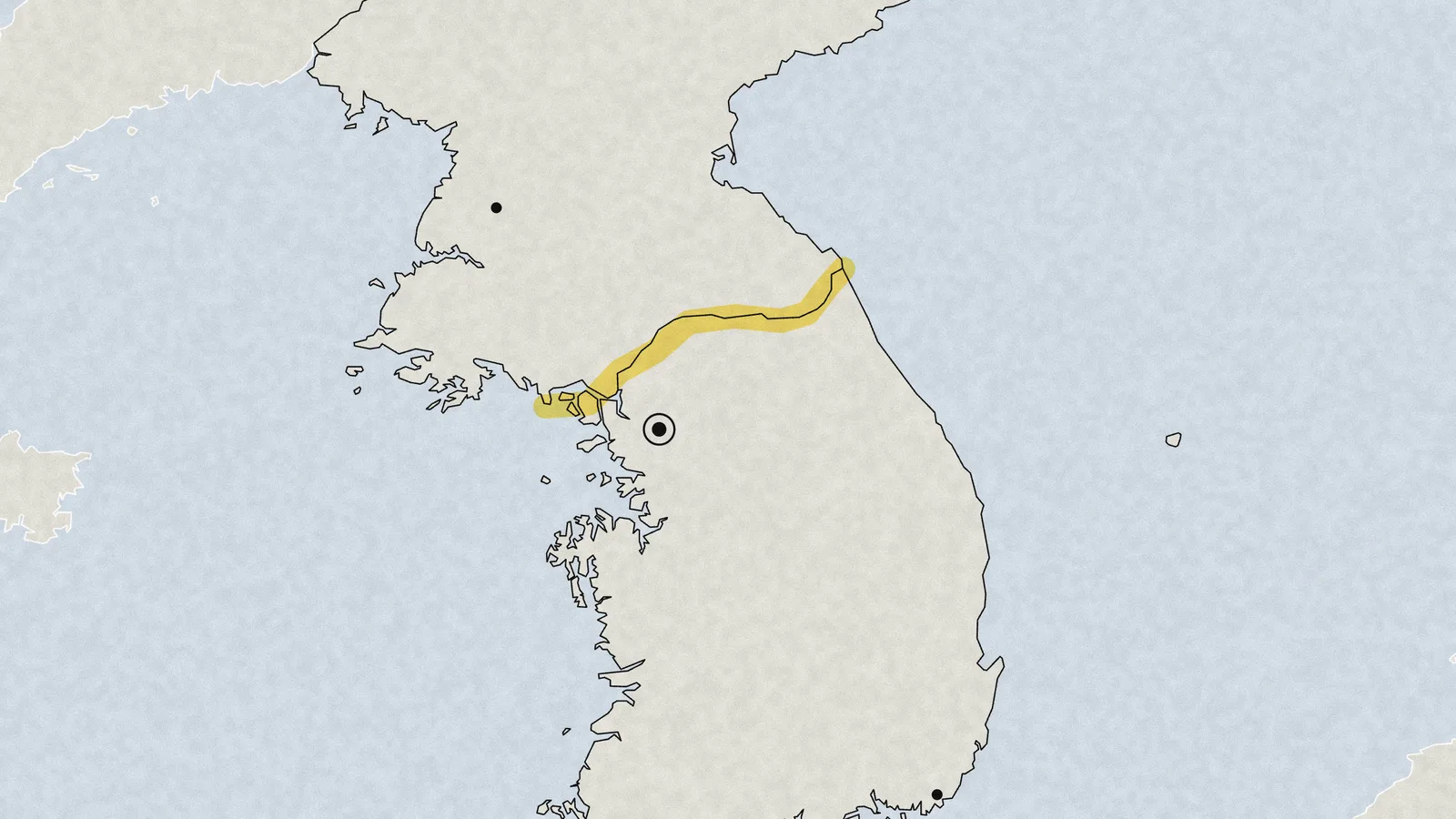 Illustration: a map of the Korean Peninsula with the Military Demarcation Line between North and South Korea marked in yellow highlighter, and Seoul, Pyongyang and Busan.