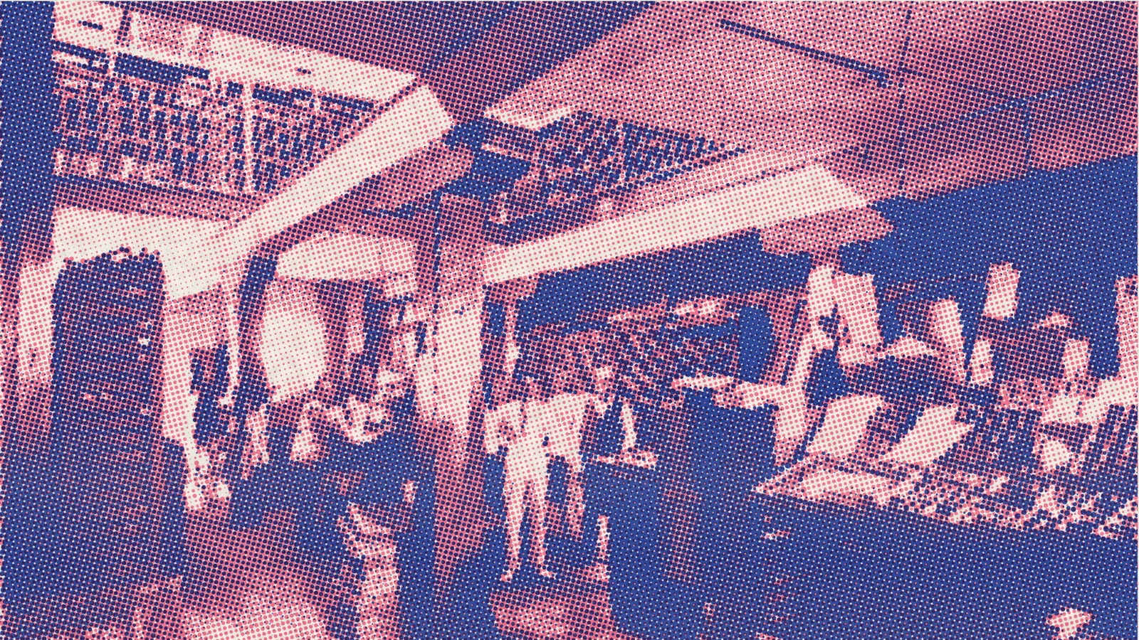 Photo illustration: an old newspaper composing room printed as a risograph in blue and pink.