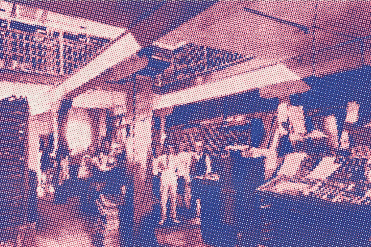 Photo illustration: an old newspaper composing room printed as a risograph in blue and pink.