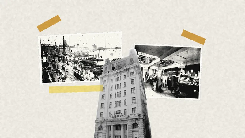 Photo illustration: photocopied cuttings of an old photograph of the Bund in Shanghai and a newspaper composing room, with a building cut out in black and white, ochre tape and a yellow highlighter mark.