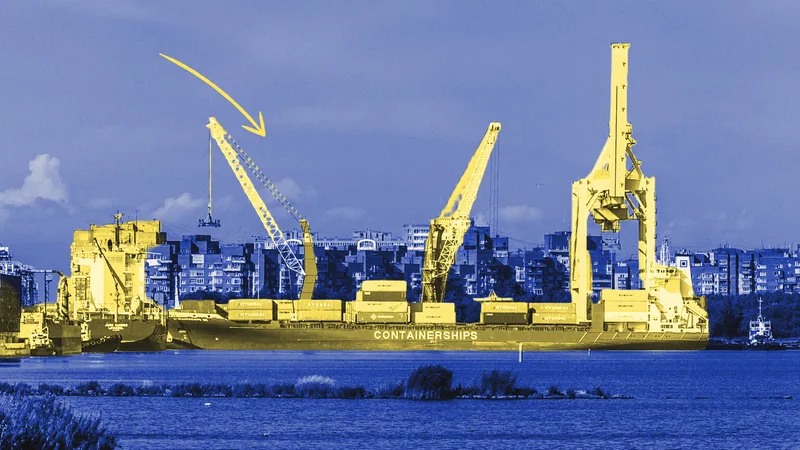 Photo illustration: a container ship at port in blue duotone, the ship and its cranes in yellow, with a pencil arrow.