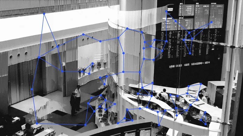 Photo illustration: the Tokyo Stock Exchange's market centre in black and white, its tones streaked by pixel sorting, with a blue network of points and lines.