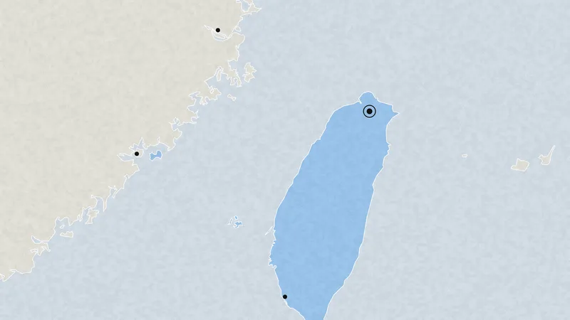 Illustration: a map of the Taiwan Strait with Taiwan in blue and Taipei, Kaohsiung, Xiamen and Fuzhou marked.