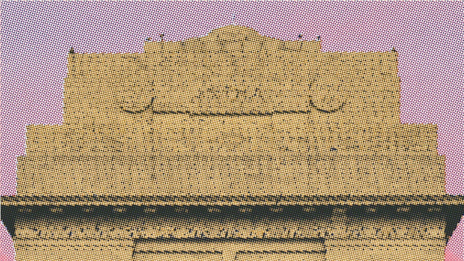 Photo illustration: India Gate in New Delhi printed as a risograph in blue, ochre and pink.