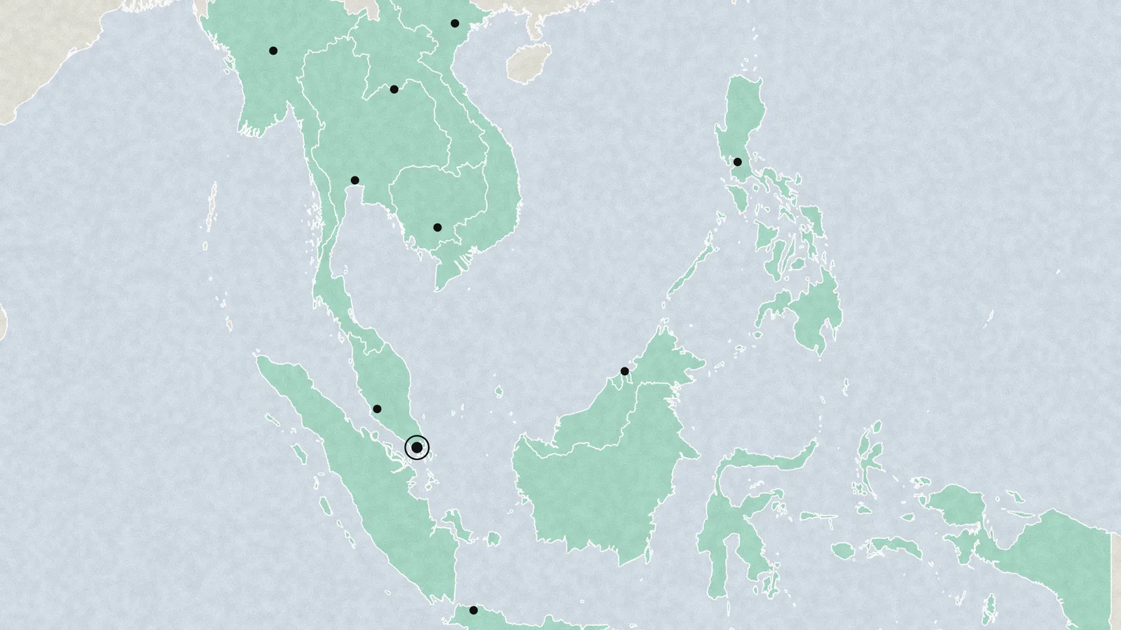 Illustration: a map of Southeast Asia with its eleven countries tinted green and their capitals marked.