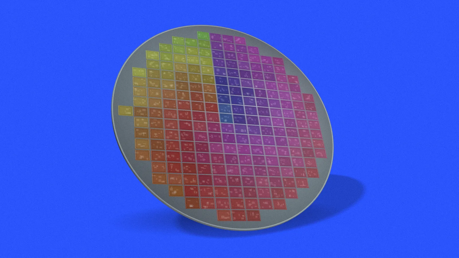 Illustration: a three-dimensional silicon wafer covered in a grid of chips, its surface shimmering with thin-film colours, on a blue field.