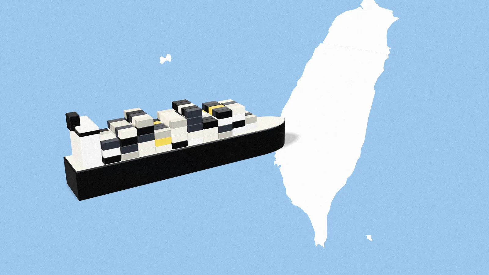 Illustration: a three-dimensional container ship sailing across a sky-blue field past a white outline of Taiwan.