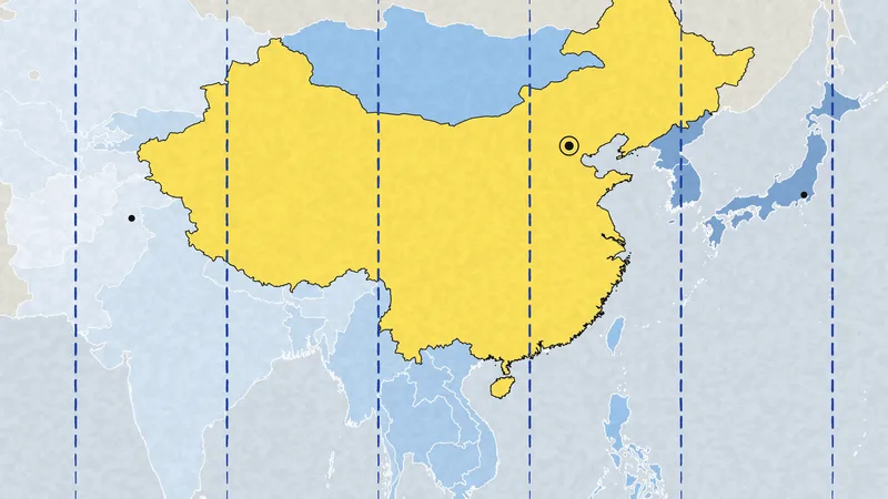 Illustration: a map of Asia shaded by hours ahead of UTC, with China in yellow and dashed blue-pencil lines marking the geographical time zones it spans.
