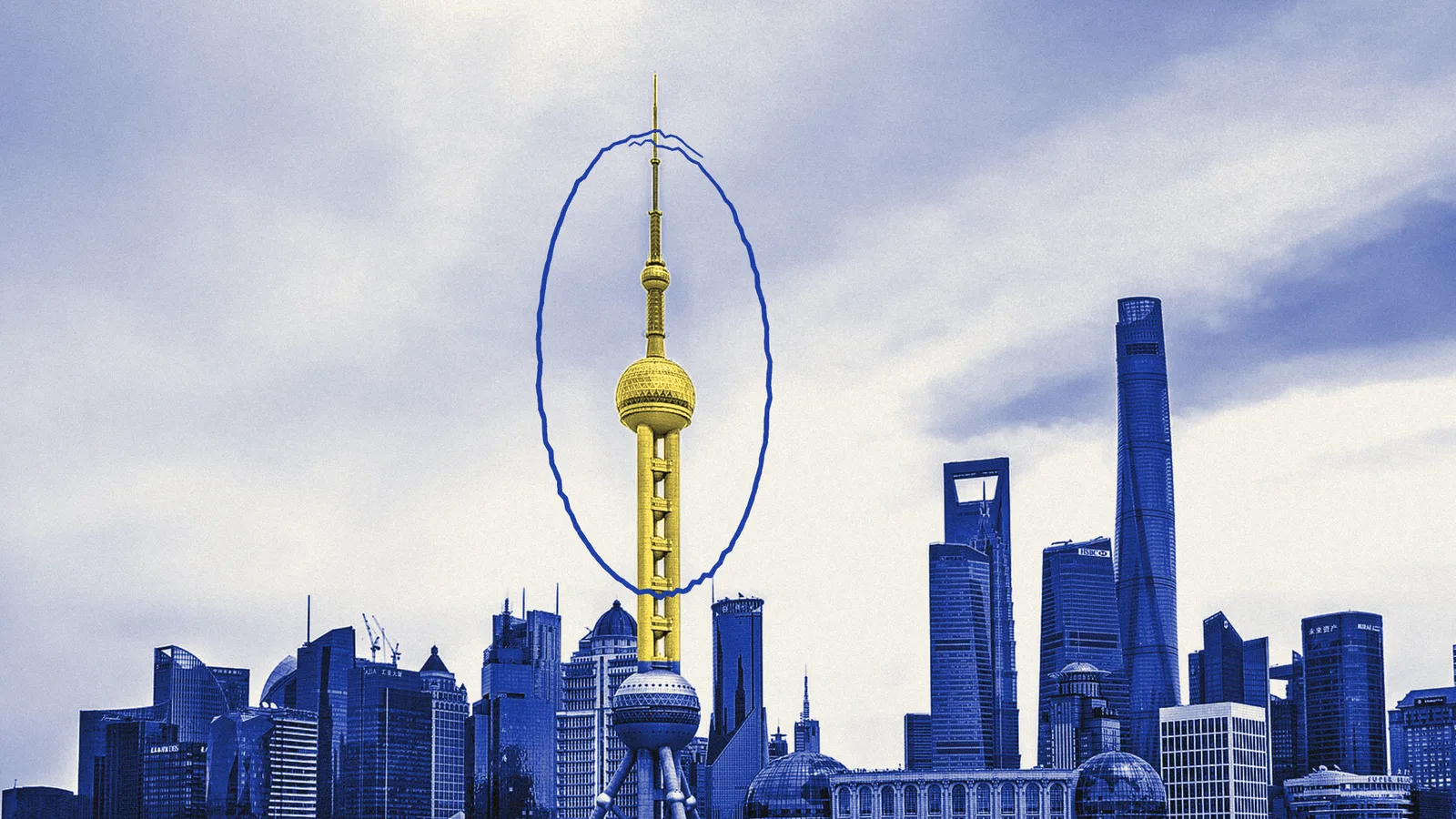 Photo illustration: the Pudong skyline in Shanghai in blue duotone, with the Oriental Pearl Tower picked out in yellow and circled in blue pencil.